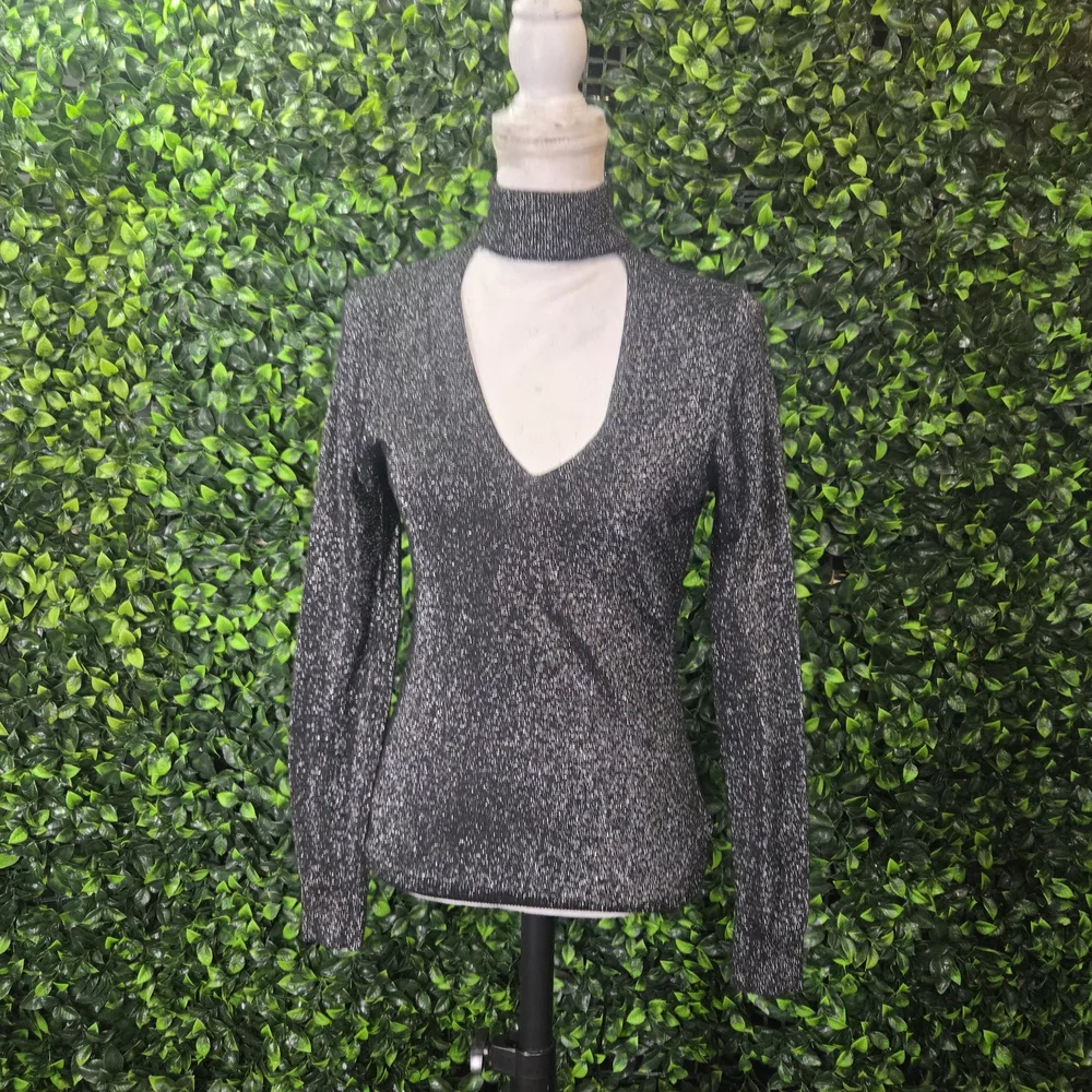 Michael Kors Black‎ Metallic Long-Sleeve V-Neck Top with Choker